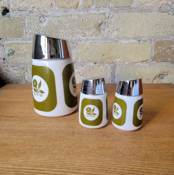 Milk Glass Other - Vintage Santa Barbara Milk Glass AGreen Mod Floral Sugar, Salt and Pepper Shaker